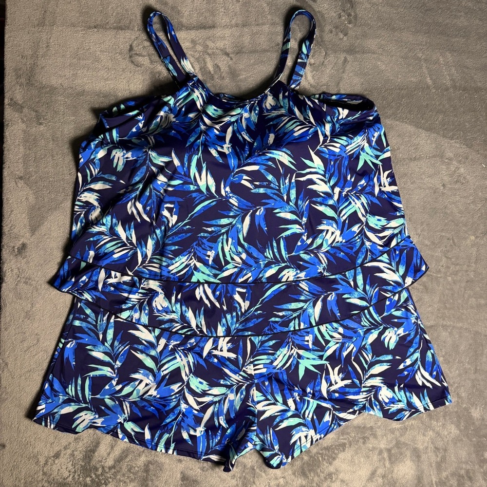 Fit 4 U Women's‎ SZ 26W Blue Tropical Palm Tiered Swimsuit Romper
